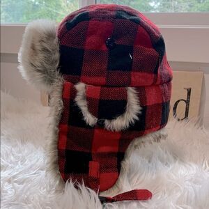 DPC Dorfman Pacific Red and Black Buffalo Plaid Trapper Hat with Fur Trim. XL